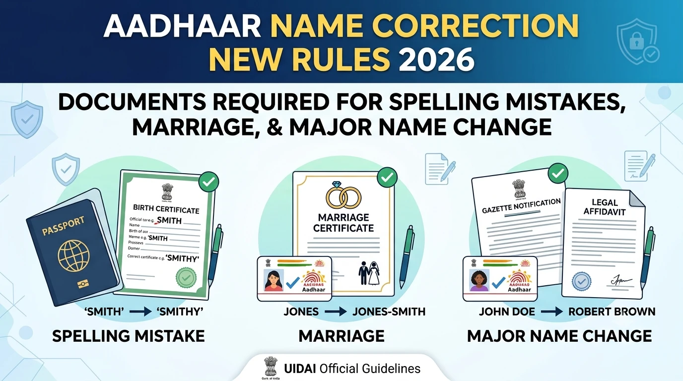 Aadhaar Name Correction New Rules 2026: Documents Required for Spelling Mistake, Marriage and Major Name Change Aadhaar name correction new rules 2026