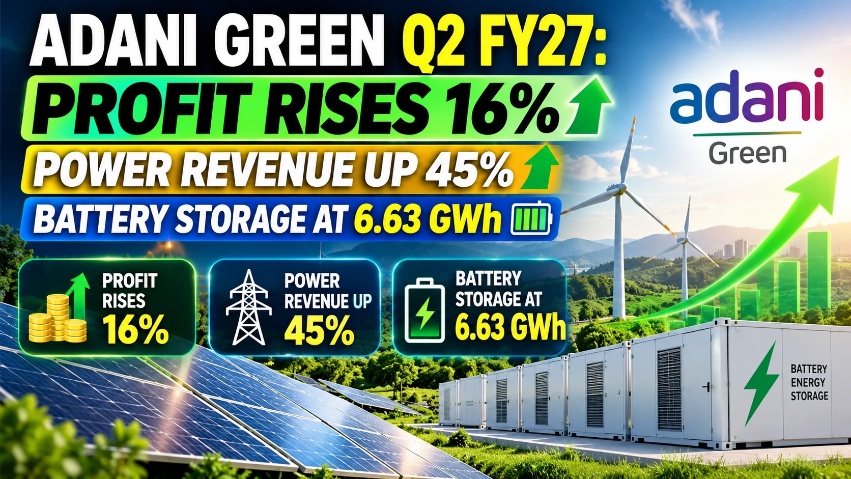Adani Green Q2 Results 2026: Profit Rises 16%, Revenue Jumps 45%, Battery Storage Reaches 6.63 GWh Adani Green Q2 FY27 Renewable Energy Growth
