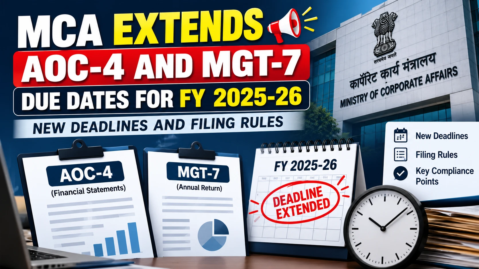 MCA Extends AOC-4 and MGT-7 Due Dates for FY 2025-26: New Deadlines and Filing Rules MCA Compliance Deadline Extension