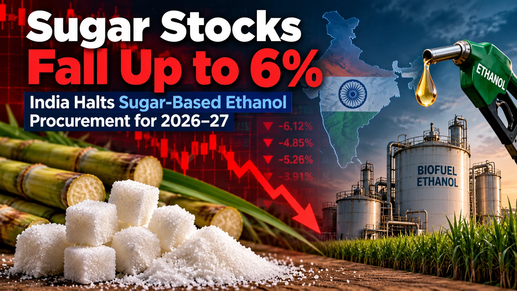 Sugar Stocks Fall Up to 6% as India Halts Sugar-Based Ethanol Procurement for 2026–27